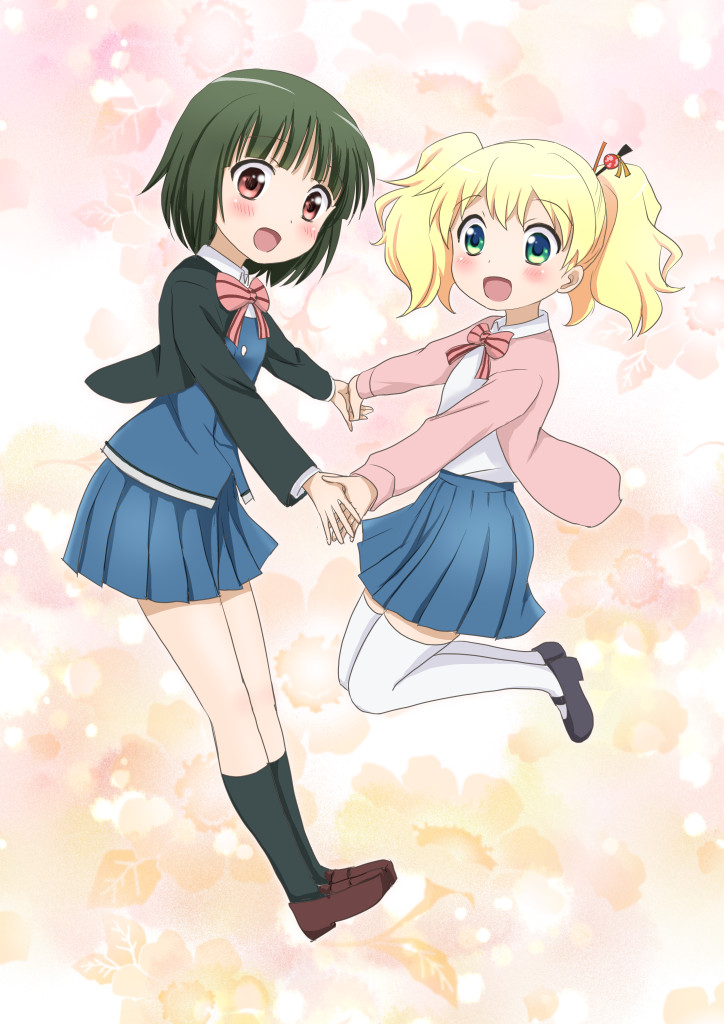 2girls, alice_carteret, black_hair, blonde_hair, blue_eyes, blush, bow, hair_ornament, kin'iro_mosaic, multiple_girls, oomiya_shinobu, open_mouth, school_uniform, shimazaki_kazumi, short_hair, skirt, thighhighs, twintails, white_legwear