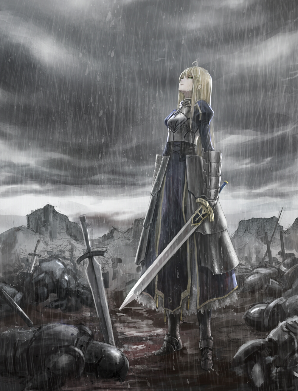 1girl, ahoge, armor, armored_dress, battlefield, blonde_hair, clouds, excalibur