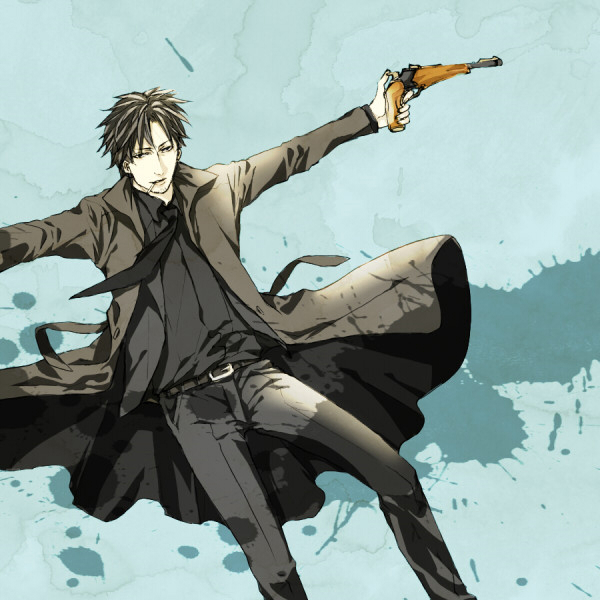 1boy, black_hair, emiya_kiritsugu, fate/zero, fate_(series), gun, handgun, long_coat