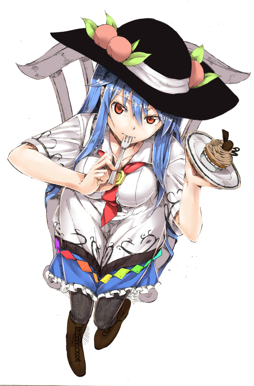 1girl, absurdres, blouse, breasts, chair, chocolate, cupcake, eating
