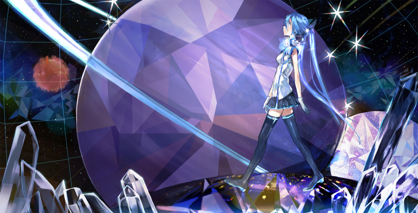 1girl, aqua_hair, blue_eyes, gloves, hatsune_miku, highres, kazune_(baumkuchen), skirt
