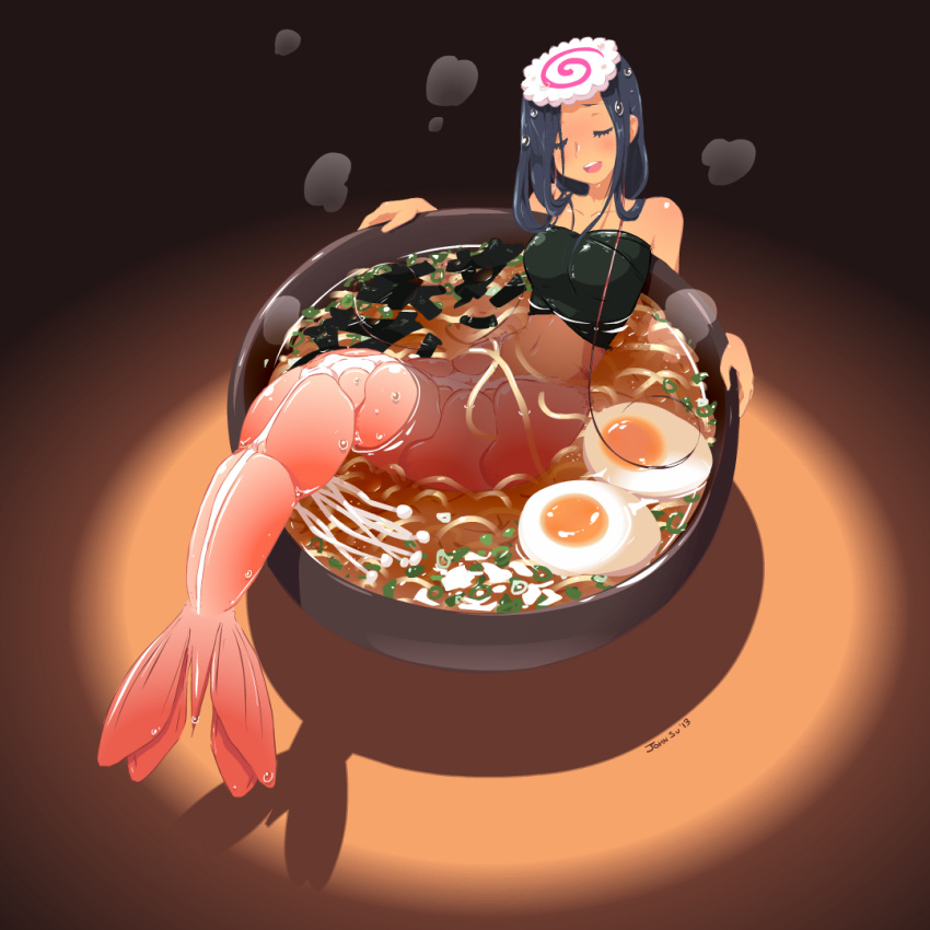 1girl, antennae, black_hair, bowl, closed_eyes, food, food_as_clothes, hardboiled_egg, in_food, john_su, long_hair, mermaid, minigirl, monster_girl, naruto_(food), noodles, original, ramen, shrimp, solo