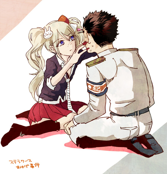 1boy, 1girl, armband, ayumu_(wind_and_sail), black_hair, blue_eyes, dangan_ronpa, enoshima_junko