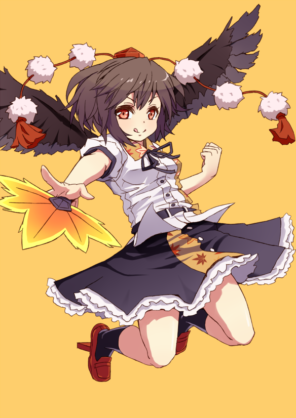 1girl, belt, bird_wings, black_hair, black_legwear, black_wings, fan, geta