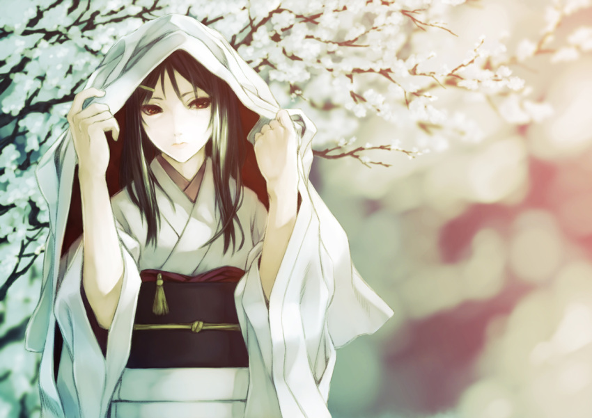 1girl, black_hair, expressionless, hair_ornament, hairclip, japanese_clothes, kanden, kimono