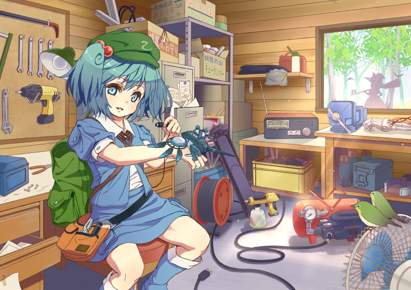 2girls, airbrush, backpack, bag, bird, blue_eyes, blue_hair, boots