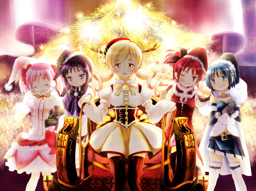5girls, akemi_homura, christmas, christmas_tree, deer_costume, fake_mustache, kaname_madoka, mahou_shoujo_madoka_magica