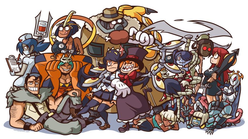2013, 2boys, 6+girls, :p, :t, arm_hair, artist_name, beowulf_(skullgirls)