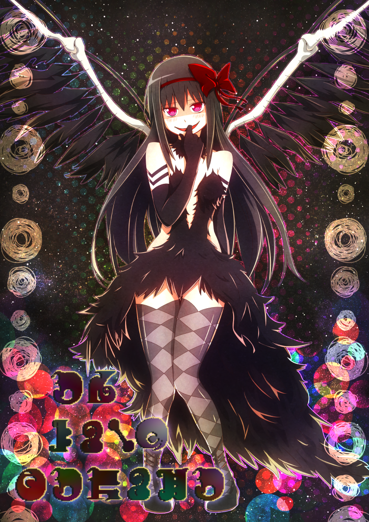 1girl, akemi_homura, akuma_homura, argyle, argyle_legwear, bare_shoulders, black_hair, bone
