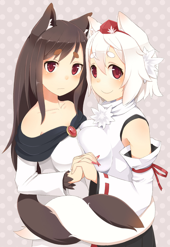 1_mutsuki, 2girls, animal_ears, blush, breasts, brooch, brown_hair, detached_sleeves
