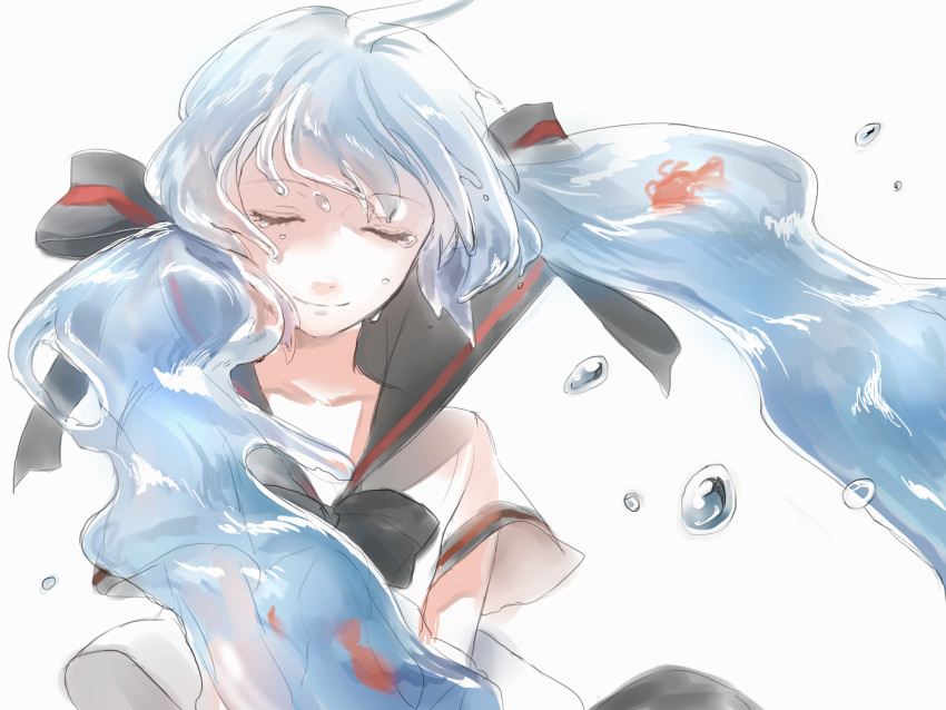 1girl, bottle_miku, closed_eyes, hatsune_miku, liquid_hair, long_hair, romiy, school_uniform