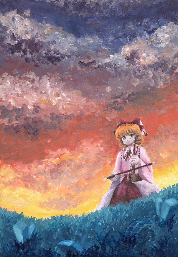 1girl, bow, brooch, cloudy_sky, commentary_request, erhu, grass, green_eyes, hair_bow, jewelry, kitsuzue_mika, layered_dress, leaf, long_sleeves, orange_hair, parted_lips, satsuki_rin, short_hair, sitting, solo, touhou, twilight, wide_sleeves