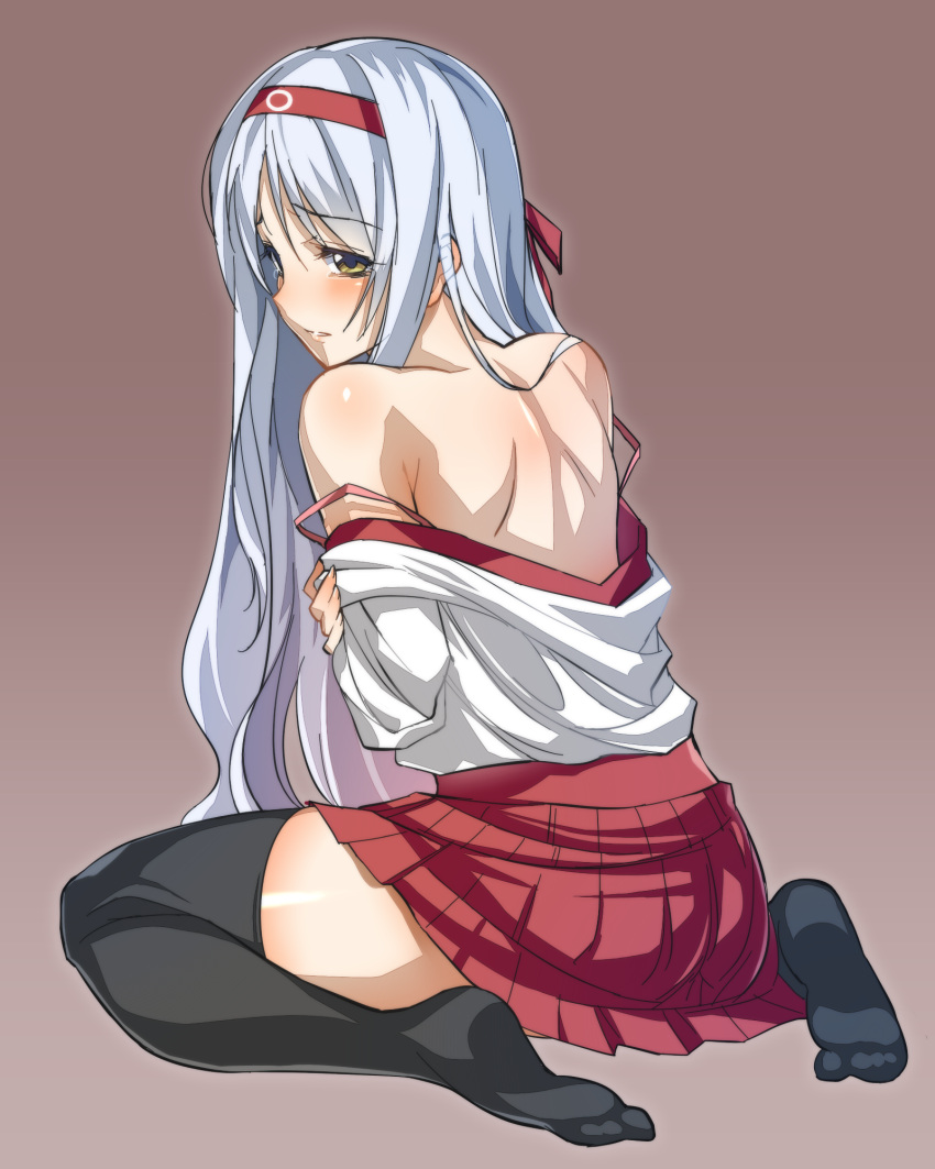 1girl, back, bare_shoulders, black_legwear, blush, body_blush, brown_background, hair_ribbon