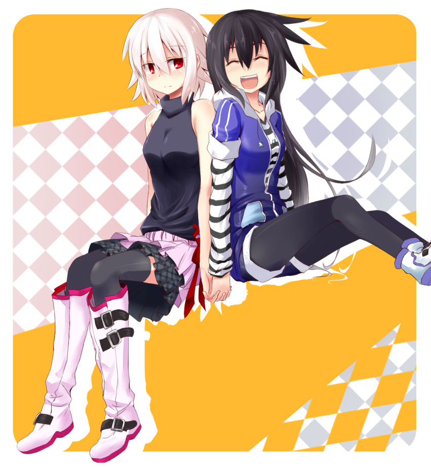 2girls, adyisu, altair_floone, area_aquamarine, back-to-back, black_hair, black_legwear, blush