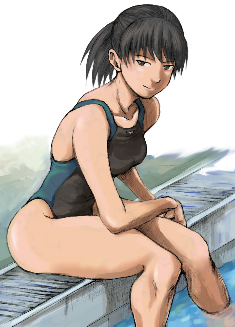 1girl, amagami, black_eyes, black_hair, competition_swimsuit, highres, mimiyamakiichi, one-piece_swimsuit, ponytail, short_hair, sitting, solo, swimsuit, tsukahara_hibiki