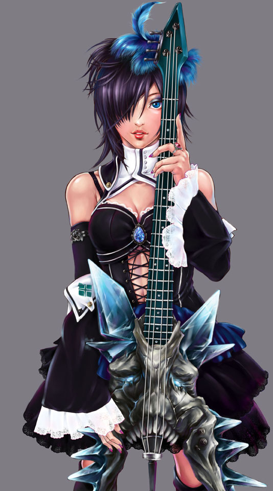 blue_eyes, detached_sleeves, dress, hair_ornament, hair_over_one_eye, hunting_horn, instrument, jewelry