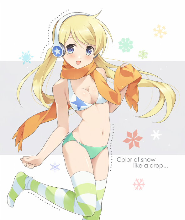 1girl, bikini, blonde_hair, blue_eyes, headphones, long_hair, nagijin, original