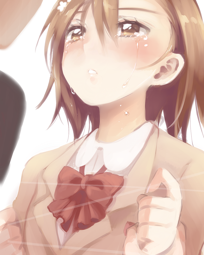 1girl, aidumi, blush, brown_eyes, brown_hair, eye_contact, looking_at_another, misaka_mikoto