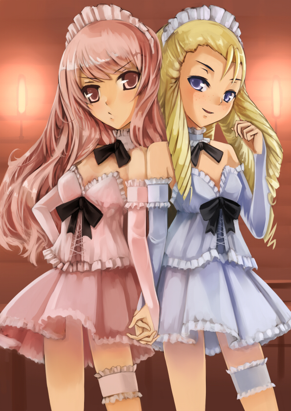 2girls, blonde_hair, blue_eyes, bridal_gauntlets, drill_hair, louise_francoise_le_blanc_de_la_valliere, maid, maid_headdress