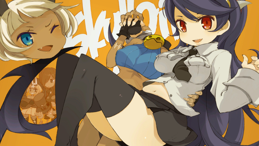 5girls, animal_ears, bare_shoulders, black_hair, black_legwear, blue_eyes, bob_cut, breasts