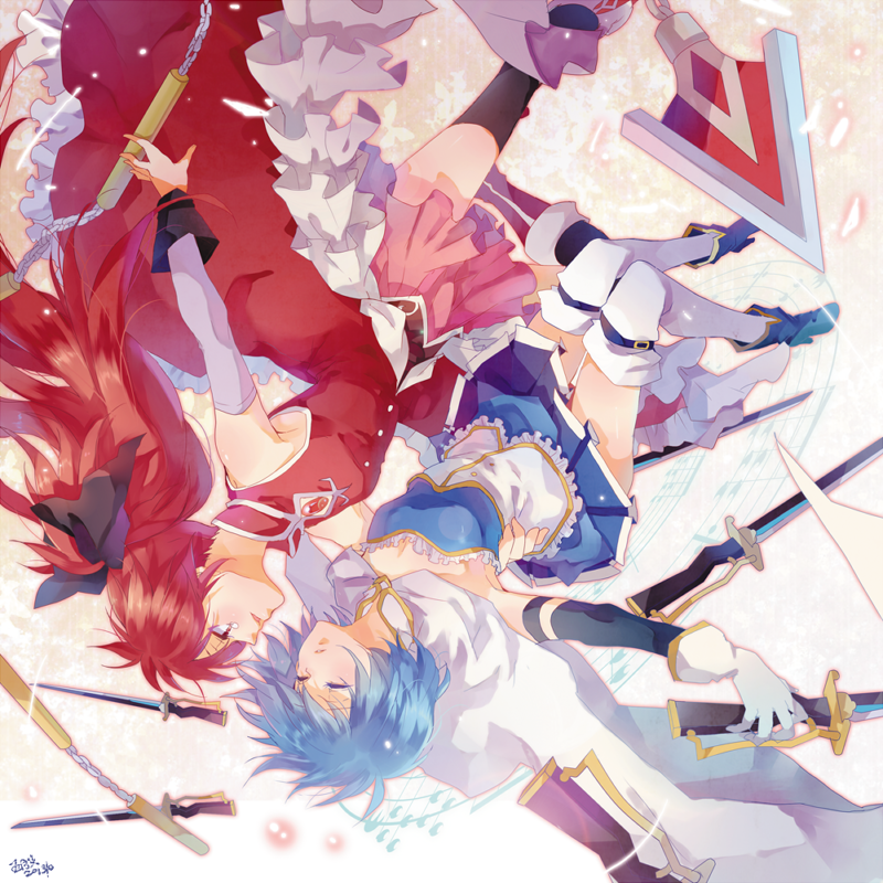 2girls, armband, blue_hair, cape, chain, closed_eyes, gloves, long_hair, magical_girl, mahou_shoujo_madoka_magica, miki_sayaka, multiple_girls, polearm, red_eyes, redhead, sakura_kyouko, satsukiai, short_hair, soul_gem, spear, sword, thighhighs, upside-down, weapon, zettai_ryouiki