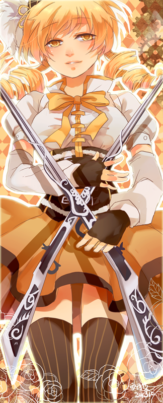 1girl, arm_warmers, blonde_hair, corset, drill_hair, fingerless_gloves, gloves, gun
