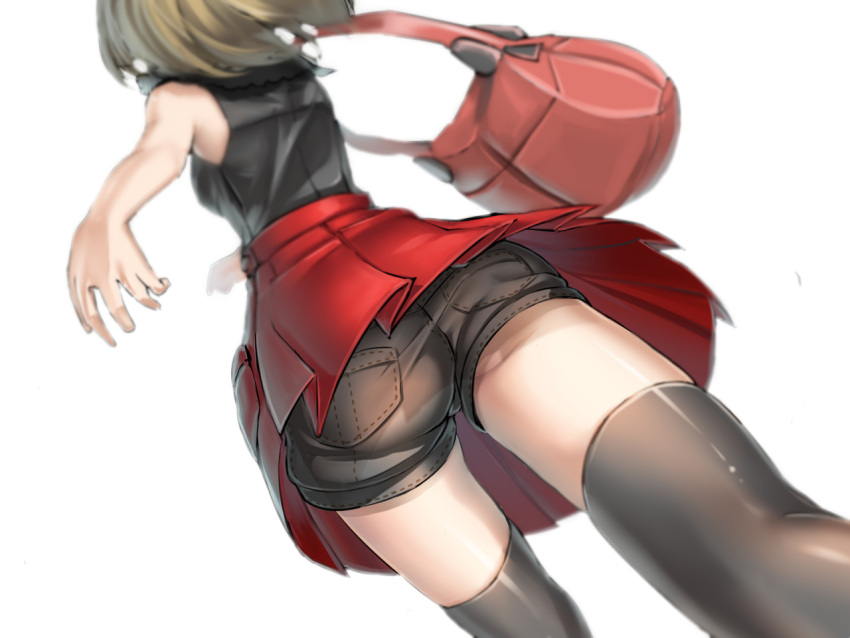 1girl, ass, bag, blonde_hair, blurry, denim, denim_shorts, depth_of_field