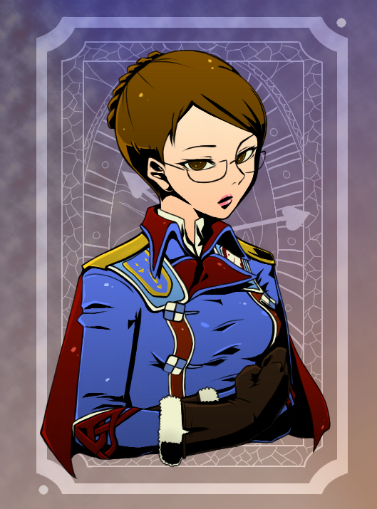 brown_eyes, brown_hair, cape, eleanor_varrot, glasses, gloves, hair_bun, kobuta_aikawa