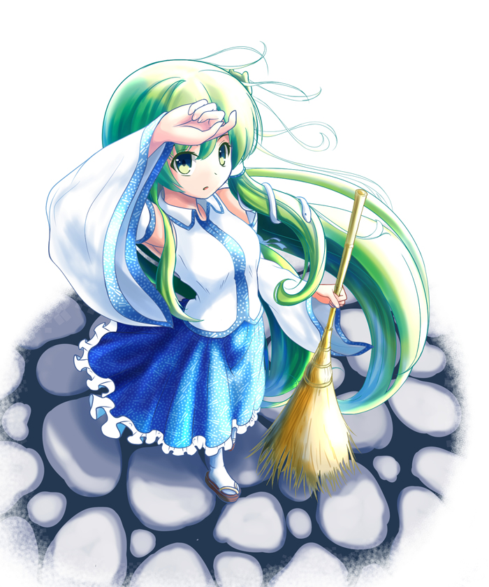 1girl, bamboo_broom, blush, broom, detached_sleeves, frog_hair_ornament, geat, green_eyes, green_hair, hair_ornament, hair_tubes, kochiya_sanae, long_hair, open_mouth, skirt, smile, snake_hair_ornament, socks, solo, touhou, white_legwear
