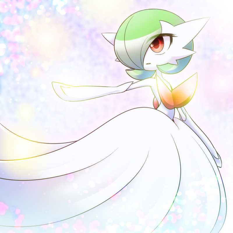 gardevoir, green_hair, hair_over_one_eye, mega_gardevoir, mega_pokemon, no_humans, open_mouth, pokemon