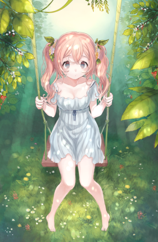 1girl, barefoot, black_eyes, dress, flower, grass, hair_flower, hair_ornament
