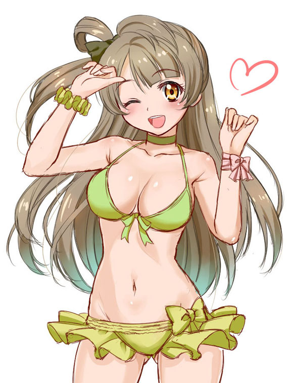 1girl, bikini, brown_eyes, brown_hair, choker, frills, long_hair, love_live!_school_idol_project