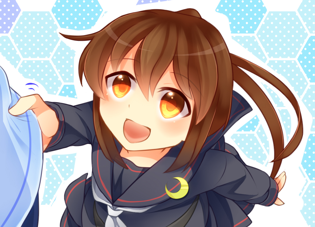 1girl, :d, brown_eyes, brown_hair, fumizuki_(kantai_collection), iwasa_kasumi, kantai_collection, looking_at_viewer, open_mouth, personification, pleated_skirt, ponytail, school_uniform, serafuku, skirt, smile, solo, tugging