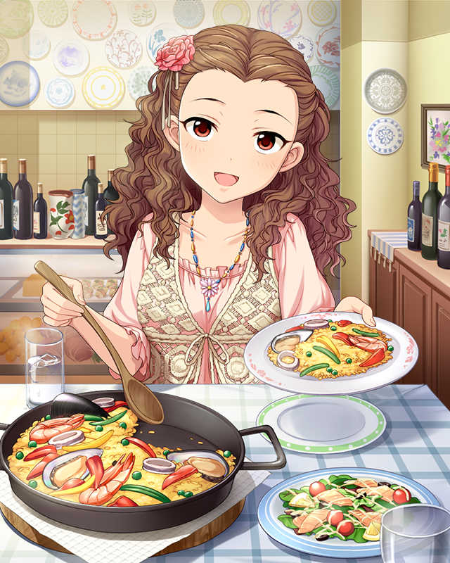 1girl, artist_request, brown_hair, flower, food, hair_flower, hair_ornament, idolmaster, idolmaster_cinderella_girls, jewelry, long_hair, necklace, official_art, paella, red_eyes, seki_hiromi