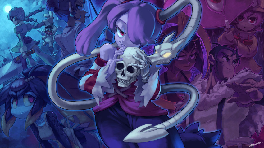 1boy, 6+girls, annie_(skullgirls), apron, bare_shoulders, beowulf_(skullgirls), black_dress, black_hair