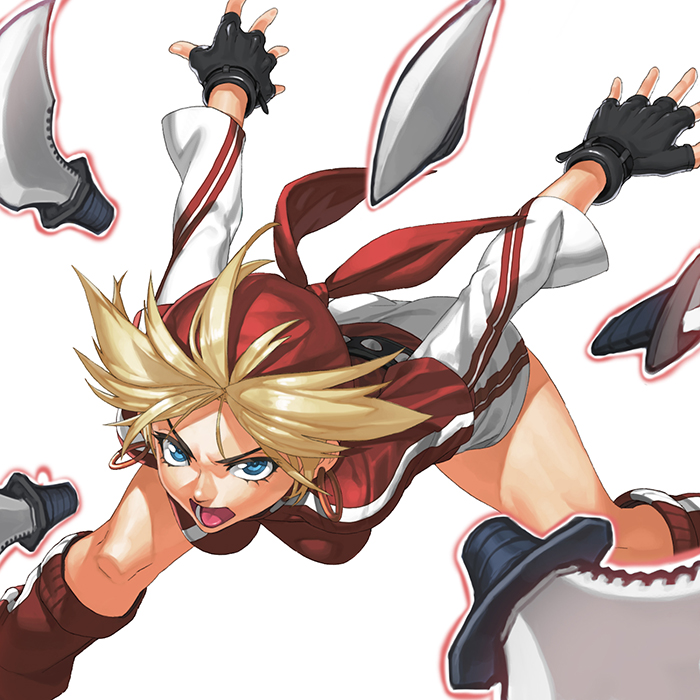 1girl, attack, bandana, blonde_hair, blue_eyes, breasts, earrings, fingerless_gloves