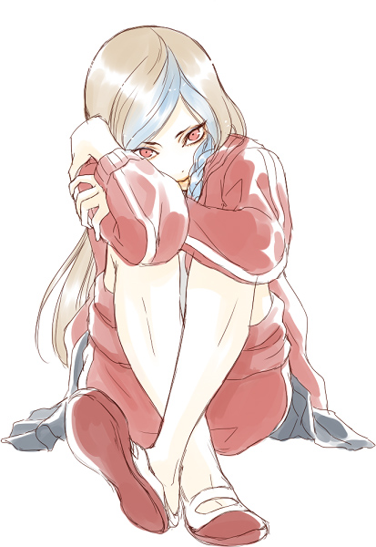 1boy, alternate_costume, blonde_hair, blue_hair, braid, crossed_legs_(sitting), full_body, gym_uniform, king_of_fighters, leg_hug, legs, long_hair, looking_at_viewer, male, multicolored_hair, pants, red_eyes, shion_(kof), sitting, smile, solo, track_suit, trap, twin_braids, very_long_hair, yoshii