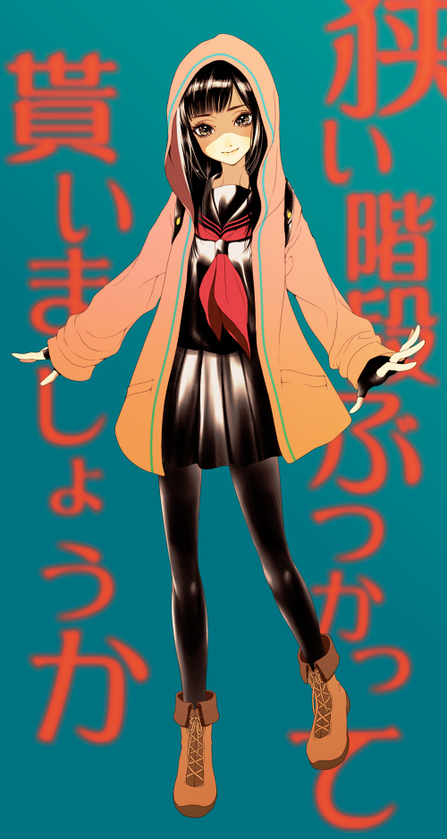 1girl, ankle_boots, black_hair, boots, copyright_request, fingerless_gloves, full_body, gloves