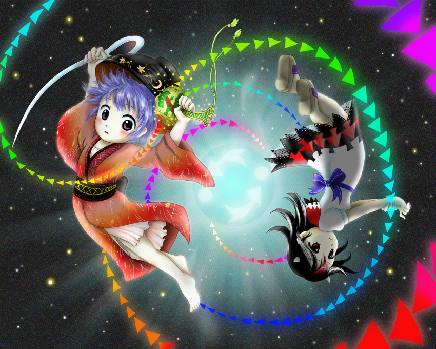 2girls, barefoot, bowl, dress, hat, horns, japanese_clothes, kijin_seija, kimono, mallet, mdnk, multicolored_hair, multiple_girls, needle, official_style, oota_jun'ya_(style), parody, purple_hair, red_eyes, sandals, sash, sukuna_shinmyoumaru, touhou, upside-down, violet_eyes