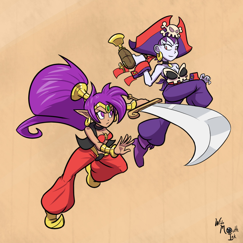 2girls, alternate_costume, baggy_pants, bandana, bare_shoulders, bracer, breasts, choker, cleavage, cutlass_(sword), earrings, gun, hair_tubes, hat, highres, hoop_earrings, jewelry, multiple_girls, pirate, pirate_hat, pistol, pointy_ears, pointy_shoes, ponytail, purple_hair, purple_skin, red_eyes, risky_boots, shantae, shantae:_risky's_revenge, shantae_(character), short_hair, skull, skull_and_crossbones, vest, violet_eyes, weapon, wide_mouth_ink, wrist_cuffs