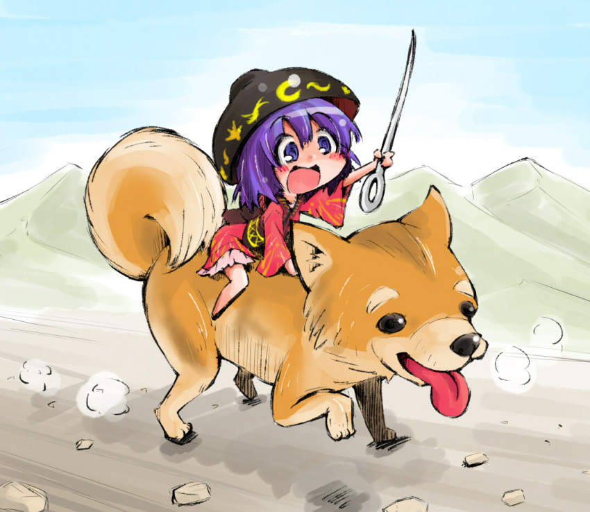 1girl, barefoot, blush, bowl, dog, hat, japanese_clothes, kimono