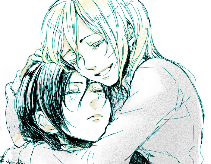 2girls, ashinamaturi, christa_renz, closed_eyes, hair_between_eyes, hand_on_another's_head, happy, hug