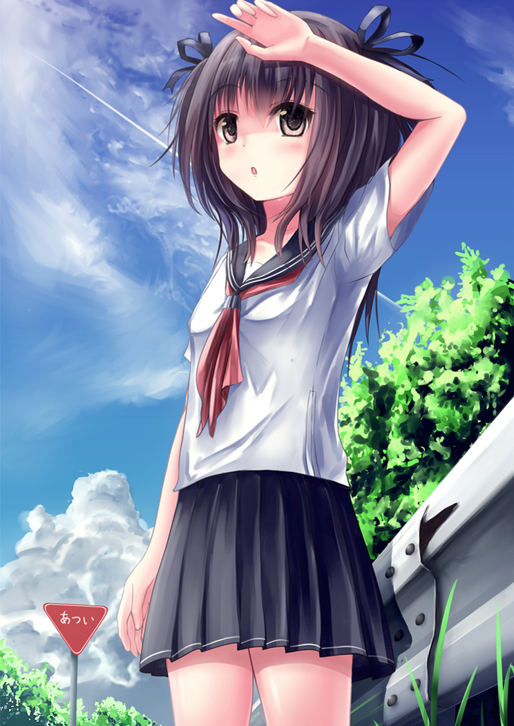 1girl, apple228, arm_up, black_hair, brown_eyes, clouds, original, outdoors