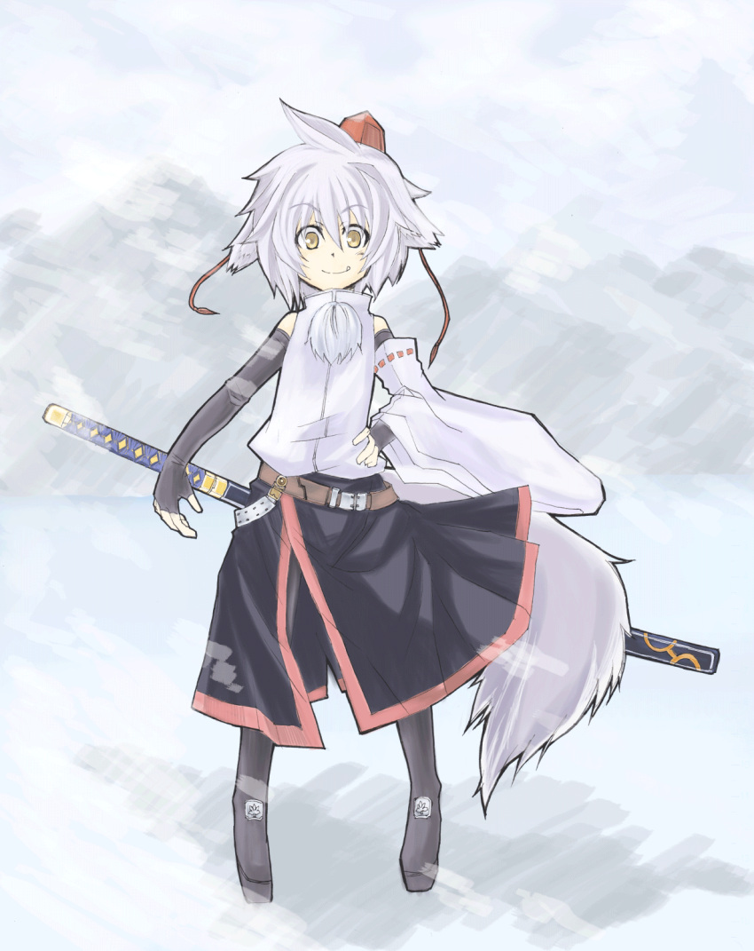 1girl, animal_ears, belt, boots, bridal_gauntlets, detached_sleeves, fang, full_body