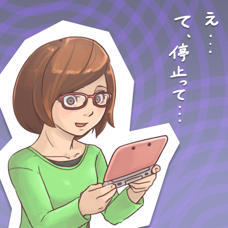 1girl, brown_eyes, brown_hair, glasses, myuutau_tadakichi, nikki_(swapnote), nintendo_3ds, nintendo_3ds_ll