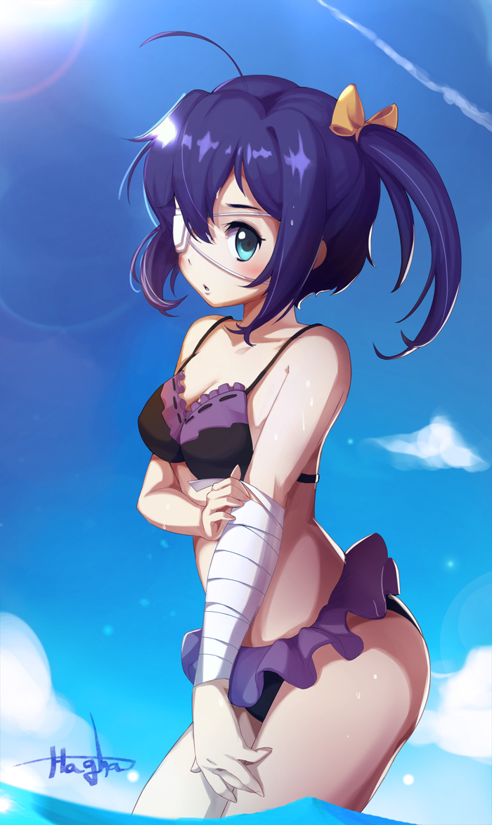 1girl, bikini, black_hair, blue_eyes, chuunibyou_demo_koi_ga_shitai!, eyepatch, hagha, short_hair, side_ponytail, swimsuit, takanashi_rikka