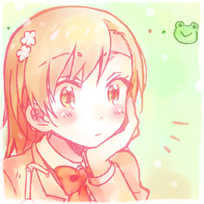 1girl, aidumi, blush, brown_eyes, brown_hair, frog, gekota, misaka_mikoto