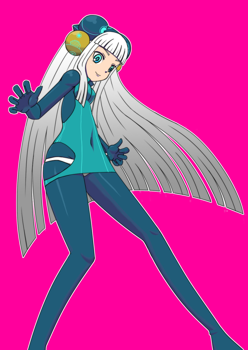 1girl, blue_eyes, blue_legwear, bodysuit, borrowed_character, claw_pose, dress, electro_emilia, fighting_stance, gradient_hair, hair_over_shoulder, headgear, highres, hime_cut, impossible_clothes, impossible_dress, legs, long_hair, microdress, multicolored_hair, neon_trim, original, outline, panties, panties_over_pantyhose, pantyhose, payot, pink_background, smile, solo, udonko0704, underwear, very_long_hair, white_hair