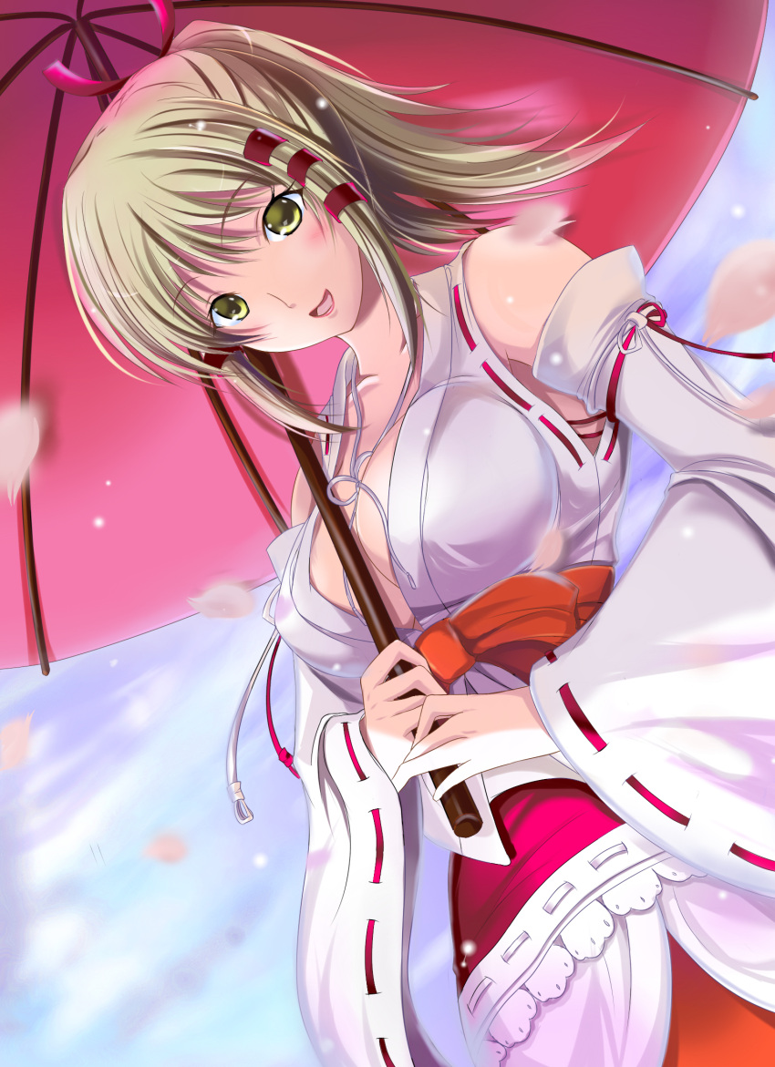 hairband, highres, inari_konkon_koi_iroha., japanese_clothes, lipstick, makeup, miko, ponytail, sakura_kaoru, uka_(inari), umbrella, yellow_eyes