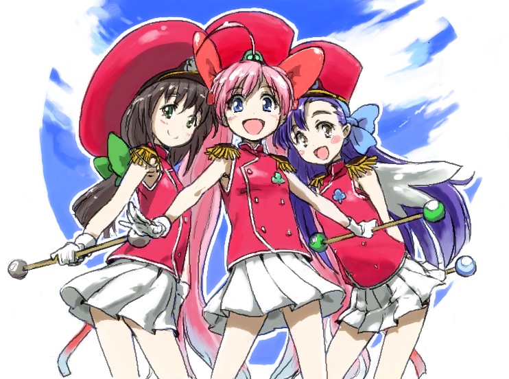 3girls, baton, black_hair, blue_hair, bow, gloves, hair_bow, long_hair, maruyama_sylvia, multiple_girls, onigawara_mao, pink_hair, rikujou_boueitai_mao-chan, sleeveless, tks_(chikuwa), tsukishima_misora, twintails, uniform